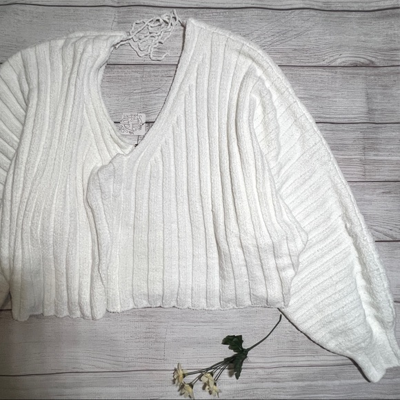Free People Ribbed Balloon Sleeve V-Neck and Back Oversized Pullover Sweater - Picture 6 of 15